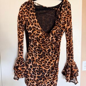 Boohoo Cheetah Mini Dress, Cowl back, long sleeve with ruffles